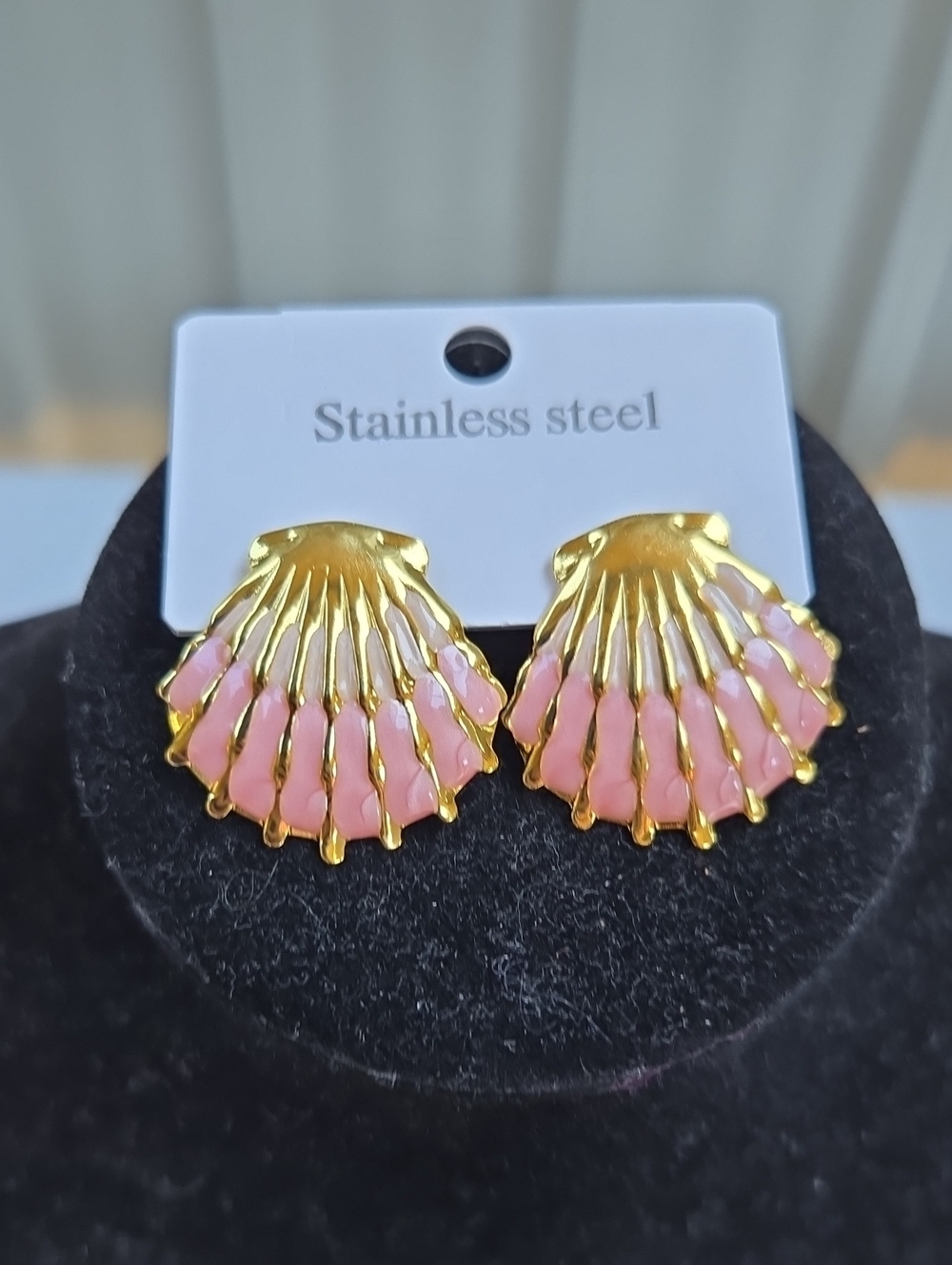 Gold-Tone Pink Shell Fan Stud Earrings - Stainless Steel